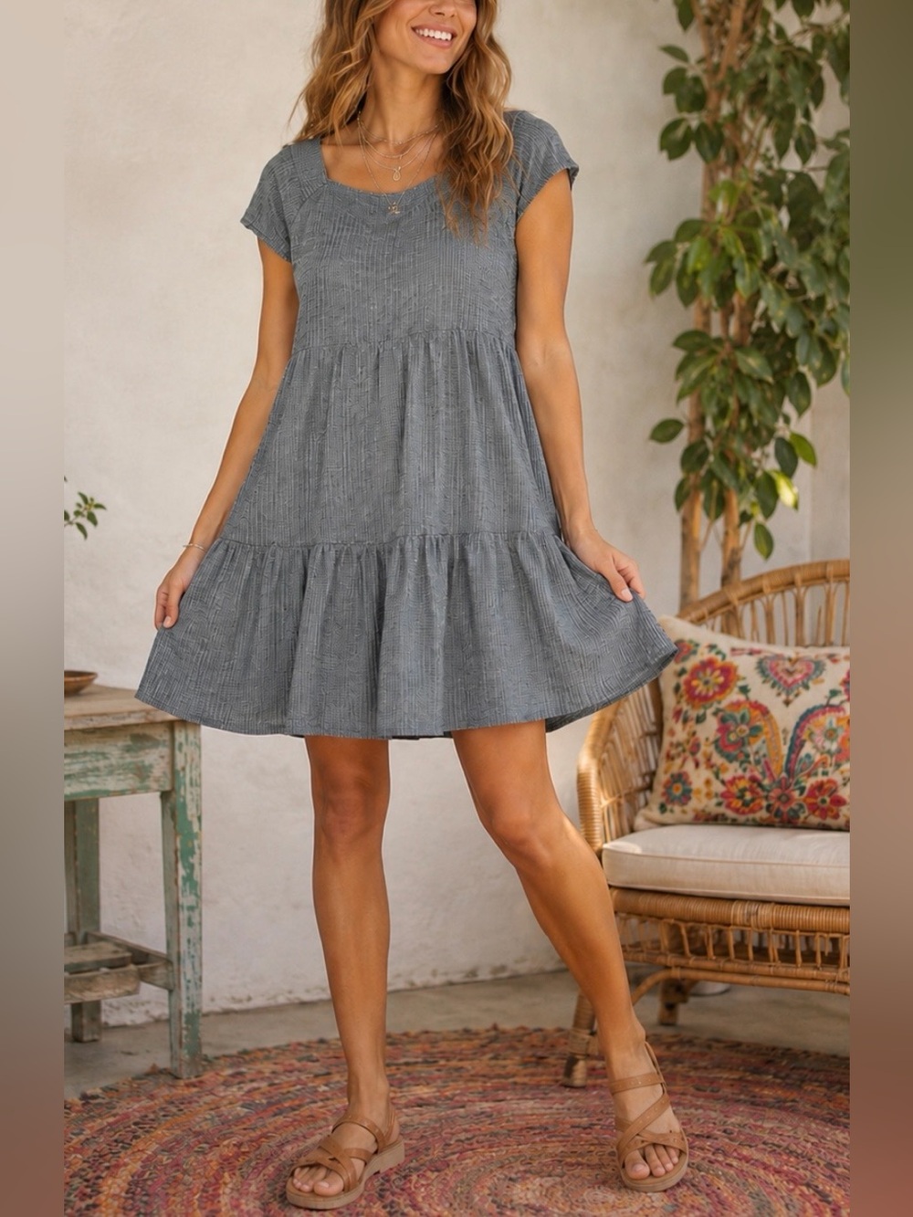 Natural Life Ribbed Tiered Swing Dress Gray Boho Cottagecore Minimalist 
Large